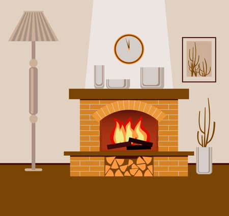 Classic brick fireplace. A fragment of the interior of the living room.のイラスト素材