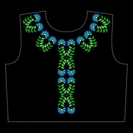 Stylish, fashionable, bright floral arrangements of summer wild flowers for embroidery textile products. A pattern for decorating the neck of clothingのイラスト素材