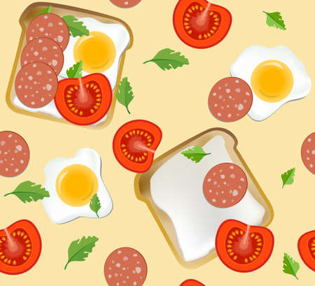 Seamless pattern with traditional Breakfast toast. Bread, sausage, tomatoes, fried egg on a beige background. Vector illustrationのイラスト素材