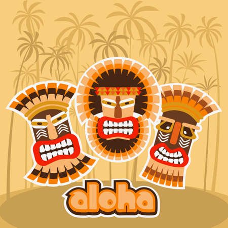 Vector illustration of tiki mask, palm trees and text Alohaのイラスト素材