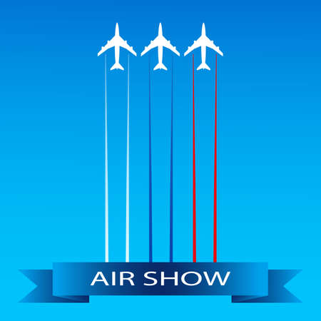 Card or poster for air show advertising. Airplanes flying in the sky in combat order. Team aerobatic military fighters performs flight at air show. Vector illustration in flat styleのイラスト素材