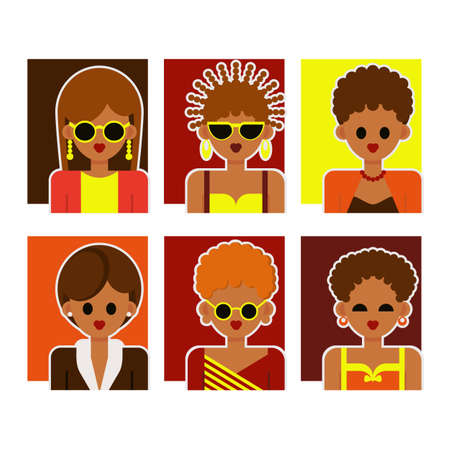 The female face. Women and beautiful young girls with different hairstyles in colorful clothes,...