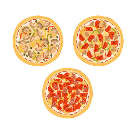 Three pizzas with tomatoes, mushrooms, sausage and peppers on the plate isolated on white background. Vector illustration.のイラスト素材