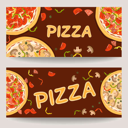 Realistic pizza flyer for advertising pizzeria. Two horizontal banners with ingredients and text. Vector backgroundのイラスト素材