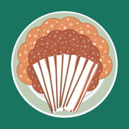 Dish with sliced sausage, salami, ham and bacon. Vector illustrationのイラスト素材