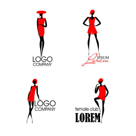 Set  with fashion woman and text isolated on white background. Black silhouette of lady in red dress. An excellent template for your company. Images can be used with many kind of business. Vector illustration, editable graphic designのイラスト素材
