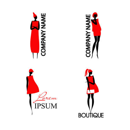 Set with fashion woman and text isolated on white background. Black silhouette of lady in red dress. An excellent template for your company. Images can be used with many kind of business. Vector illustration, editable graphic designのイラスト素材