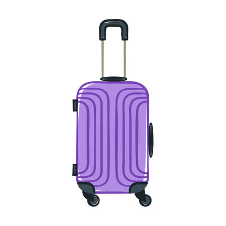 Violet plastic luggage suitcase with wheels and a retractable handle isolated on a white background. Baggage bag for vacation journey. Cartoon vector illustration for design banners, flyers, webのイラスト素材