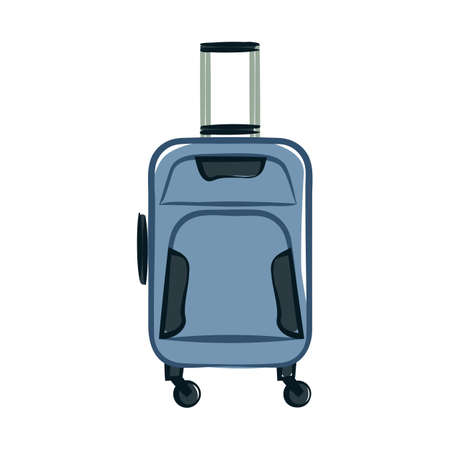 Blue luggage suitcase with wheels and a retractable handle isolated on a white background. Baggage bag for vacation journey. Cartoon vector illustration for design banners, flyers, webのイラスト素材