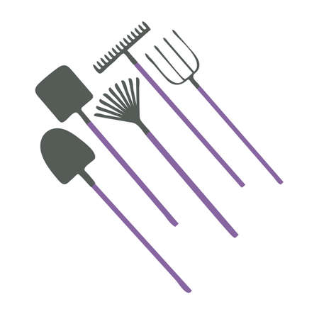 Set of garden tools: spade, rakes, pitchforks, shovels. Collection of agriculture instruments isolated on white background. Work with soil farm equipment. Vector illustration in flat styleのイラスト素材