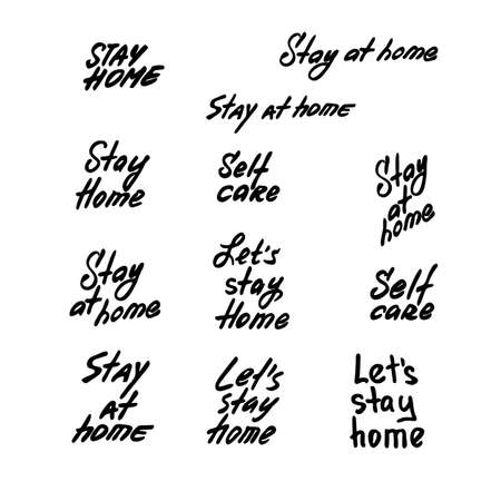 Vector set hand drawn lettering about coronavirus isolated on white background. Covid-19, Self care, work in home. Pandemic protection. Monochrome illustration quarantine in doodle styleのイラスト素材
