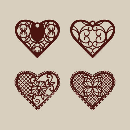 Set stencil lacy hearts with carved openwork pattern. Template for interior design, layouts wedding cards, invitations, etc. Image suitable for laser cutting, plotter cutting or printing. Vectorのイラスト素材