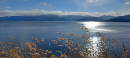 Autumn sunny day on the lake.の写真素材