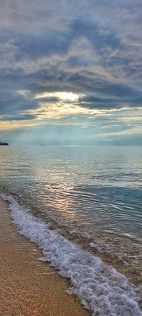 Beautiful sunset on the beach. Baikal.の写真素材