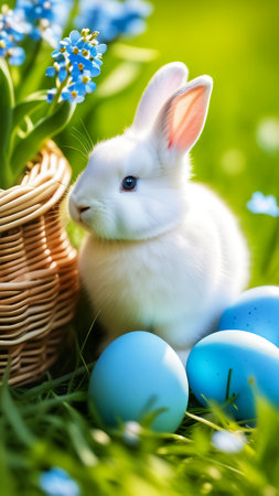 Cute little white rabbit with easter eggs on green grass.の素材