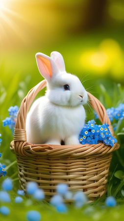 Cute little white rabbit sitting in a wicker basket on the grass with blue flowersの素材