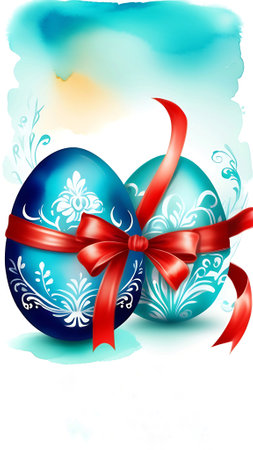 Easter eggs with red ribbon on watercolor background. Vector illustration.の素材