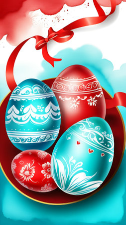 Easter eggs with red ribbon on blue background. Vector illustration.の素材