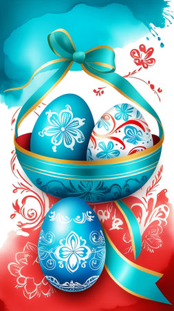 Easter eggs with blue ribbon and floral ornament. Vector illustration.の素材
