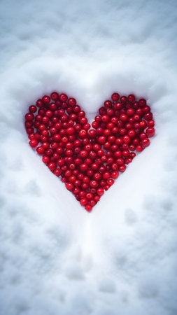 Heart shape made of red cranberries on white snow. Toned.の素材