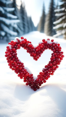 Red berries of viburnum in the shape of a heart in winter forestの素材
