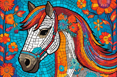 Horse head in stained glass window with flowers. Vector illustration.の素材