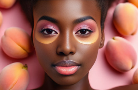 Portrait of beautiful African American woman with fresh apricots on pink backgroundの素材