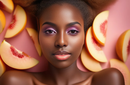 Beauty portrait of young African American woman with fresh juicy peachの素材