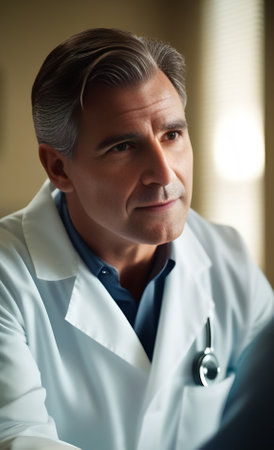 Portrait of mature male doctor in hospital. Doctor looking at camera.の素材