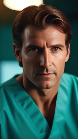 Portrait of handsome surgeon at work in hospital, low angle viewの素材