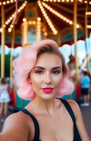 beautiful young woman with pink hair on the background of a carouselの素材