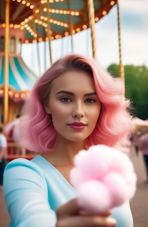 Fashionable girl with pink hair and cotton candy in the amusement parkの素材