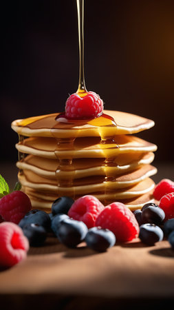 Pancakes with fresh berries and honey on a dark backgroundの素材