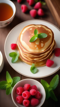 Pancakes with raspberries and mint on a wooden backgroundの素材