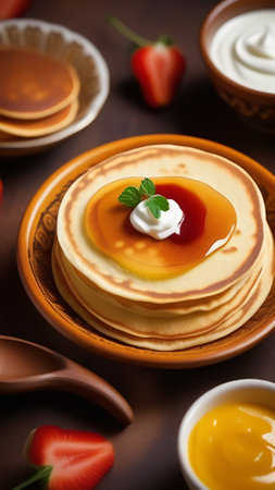 Delicious pancakes with honey and sour cream, mint leaf on wooden table, closeupの素材
