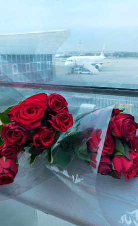 Red roses in front of the window of an airplane at the airportの写真素材