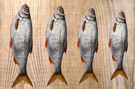 Some raw fish lying on a wooden background.