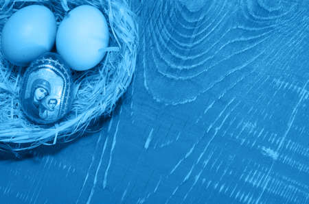 Eggs in the nest of bark, lying on a wooden background toned in blue color. On the Board, place for...