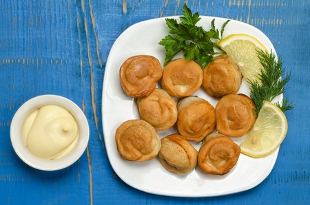 Fried dumplings on a plate with mayonnaise, herbs and lemon. On wooden background, painted in blue color.の写真素材