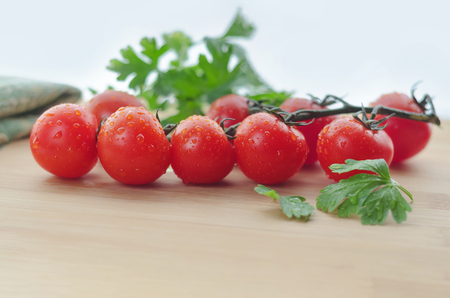 Tomatoes on a branch and parsley, are on the table, the natural light and bokeh.の写真素材