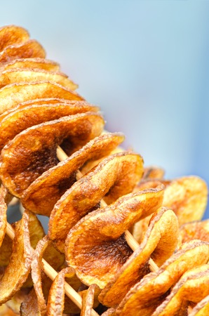 The potatoes on the skewer close-up on blue background. Trade in the street in the summer.の写真素材
