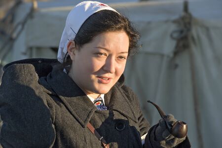 Festival of military history of Russia of XX century . Samara region, Togliatti, 5 January 2018. Portrait of nurse of the German armyのeditorial素材