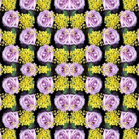 Lilac roses and Mimosas on black background, seamless