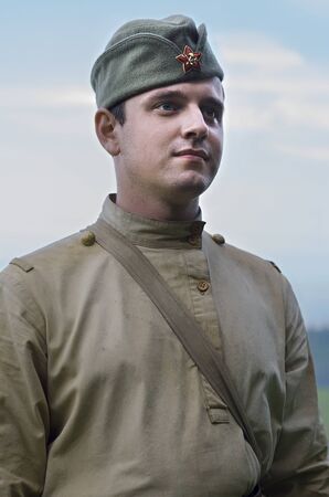 Reconstruction of the events of the Civil war in Russia, portrait of the red army after the battle....