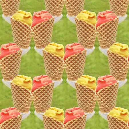 Seamless background made of colorful fruit ice cream conesの写真素材