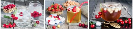Soft drinks with ice and different berries. Horizontal collage of three photosの写真素材