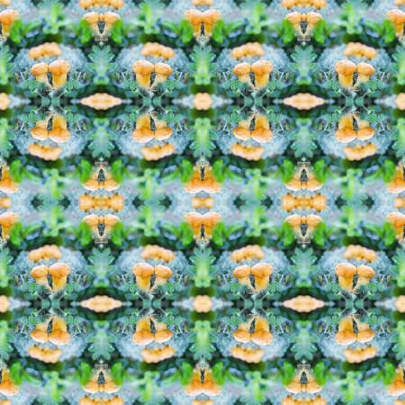 Seamless colorful Wallpaper with small chanterelle mushrooms. Selective focus, macro photography