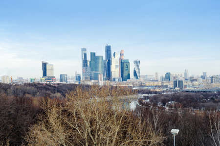 Panoramic view of Moscow from the bridge, skyscrapers of Moscow city in the distance. Russia, Moscow February 7, 2016のeditorial素材
