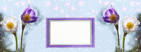 Widescreen background with the first spring snowdrops, snow and heart-shaped bokeh. Photo frame with...