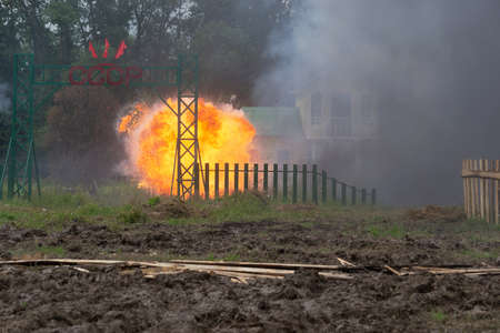 Moscow region, Nelidovo, Russia - July 15, 2017. Military-historical festival, fire explosions during the attack on the USSRのeditorial素材